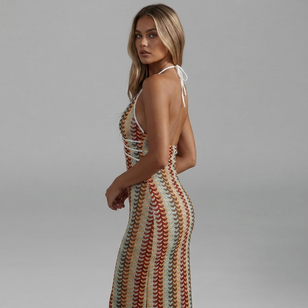 girlzhood Häkel-Maxikleid Carissima mit buntem Streifenmuster, V-Ausschnitt und Neckholder-Bindung in figurbetonter Passform