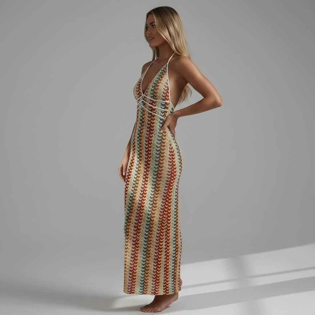 girlzhood Häkel-Maxikleid Carissima mit buntem Streifenmuster, V-Ausschnitt und Neckholder in figurbetonter Passform