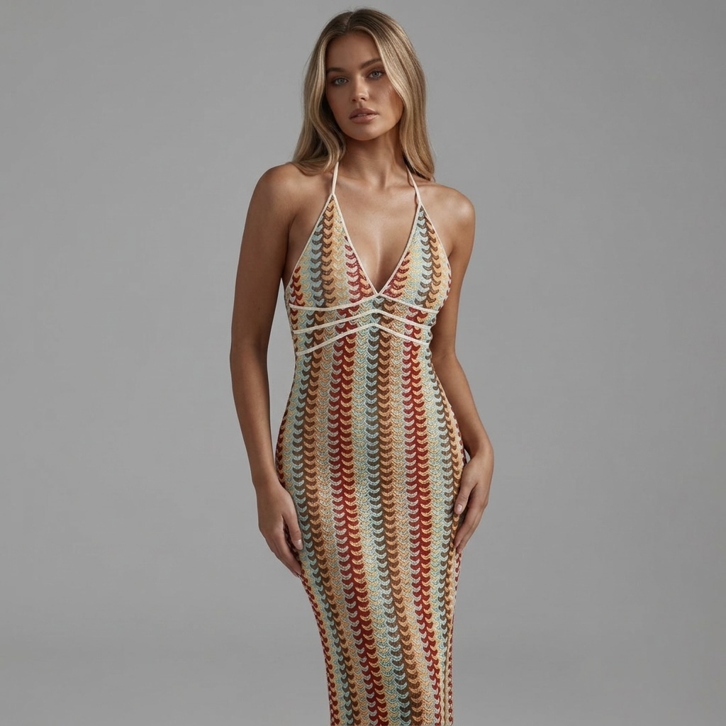 Model trägt girlzhood Häkel-Maxikleid mit Multicolor-Streifen, V-Ausschnitt und Neckholder-Bindung in figurbetonter Form