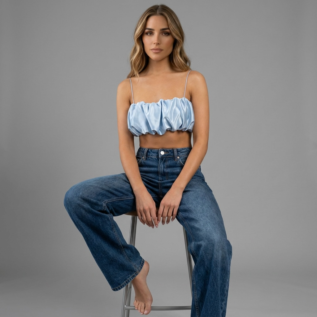 Model trägt ein hellblaues girlzhood Cropped Top mit Raffung und feinen Trägern zu einer blauen Jeans
