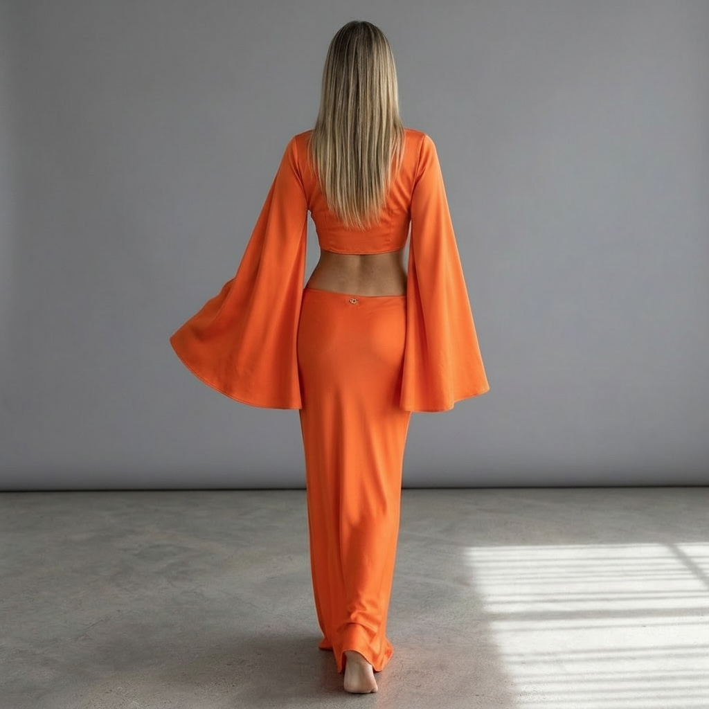 Rückenansicht des girlzhood Lava Muse Maxi-Sets in leuchtendem Sunset-Orange mit weiten Statement-Ärmeln