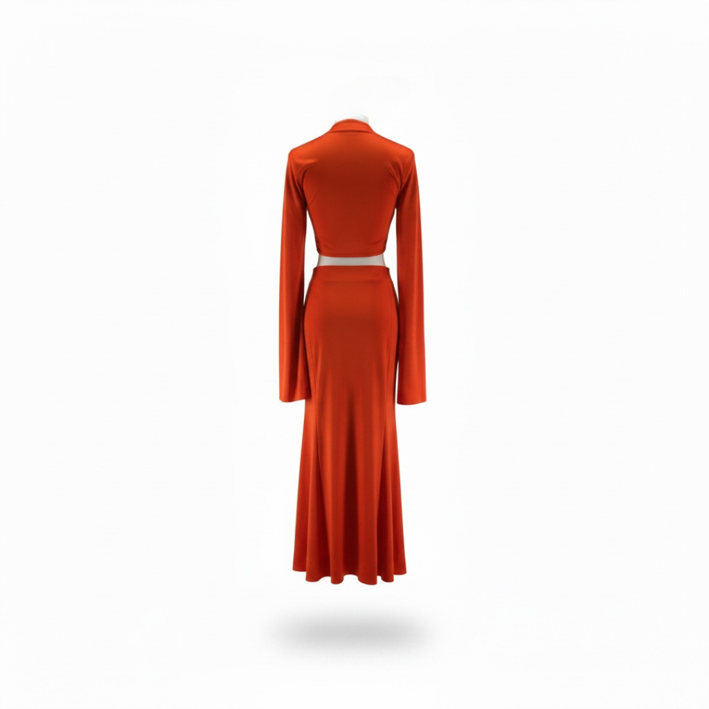 girlzhood Lava Muse Maxi Set in Sunset-Orange mit langärmeligem Oberteil und fließendem Maxi-Rock, Rückansicht