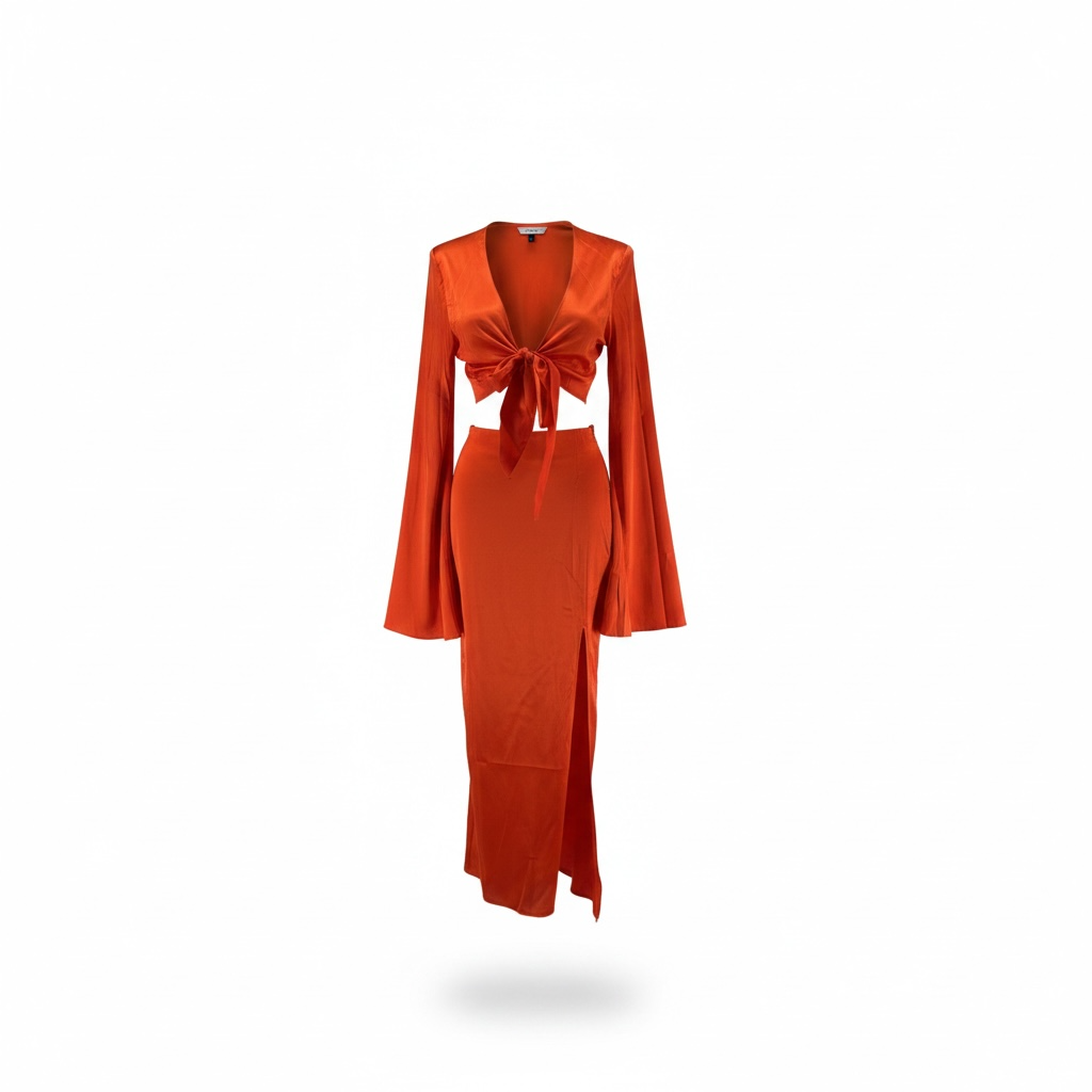 girlzhood Lava Muse Maxi Set in Sunset-Orange mit tiefem V-Ausschnitt, Bindung und fließenden Statement-Ärmeln
