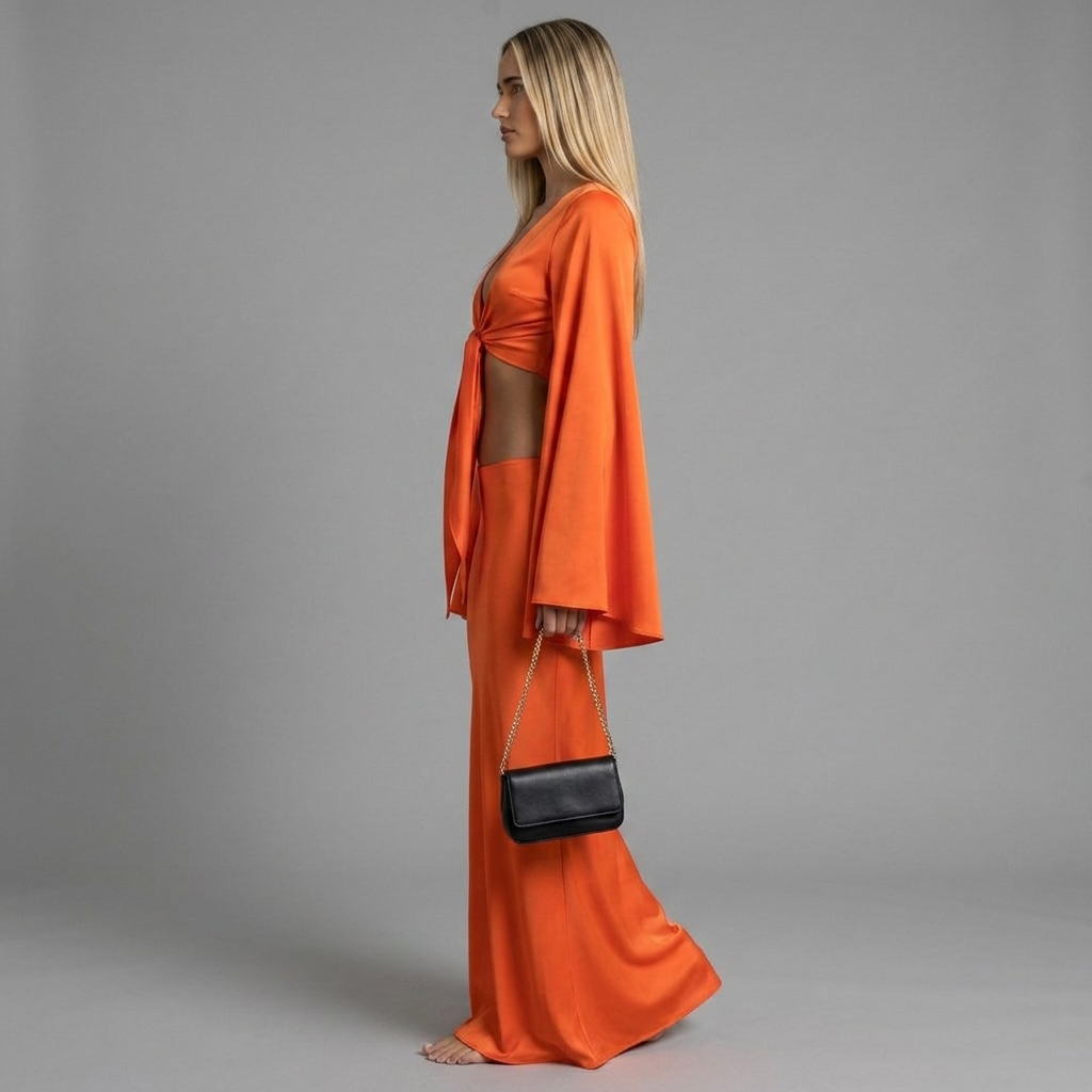 Model trägt das orangefarbene girlzhood Lava Muse Maxi Set mit weiten Ärmeln, Frontbindung und langem Rock.