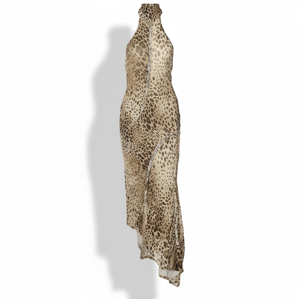 girlzhood Savage Muse Maxi-Kleid mit Leopard-Print, figurbetontem Schnitt, High-Neck-Halter-Design und offenem Rücken