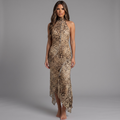 girlzhood Savage Muse Maxi-Kleid mit Leopardenmuster, figurbetontem Schnitt, Neckholder-Ausschnitt und asymmetrischem Saum