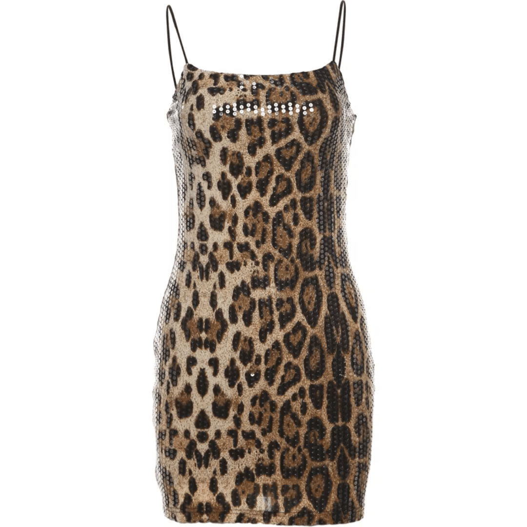 girlzhood Celestria Mini-Kleid mit Leopardenmuster, Pailletten-Details und schmalen Trägern für einen Party-Look