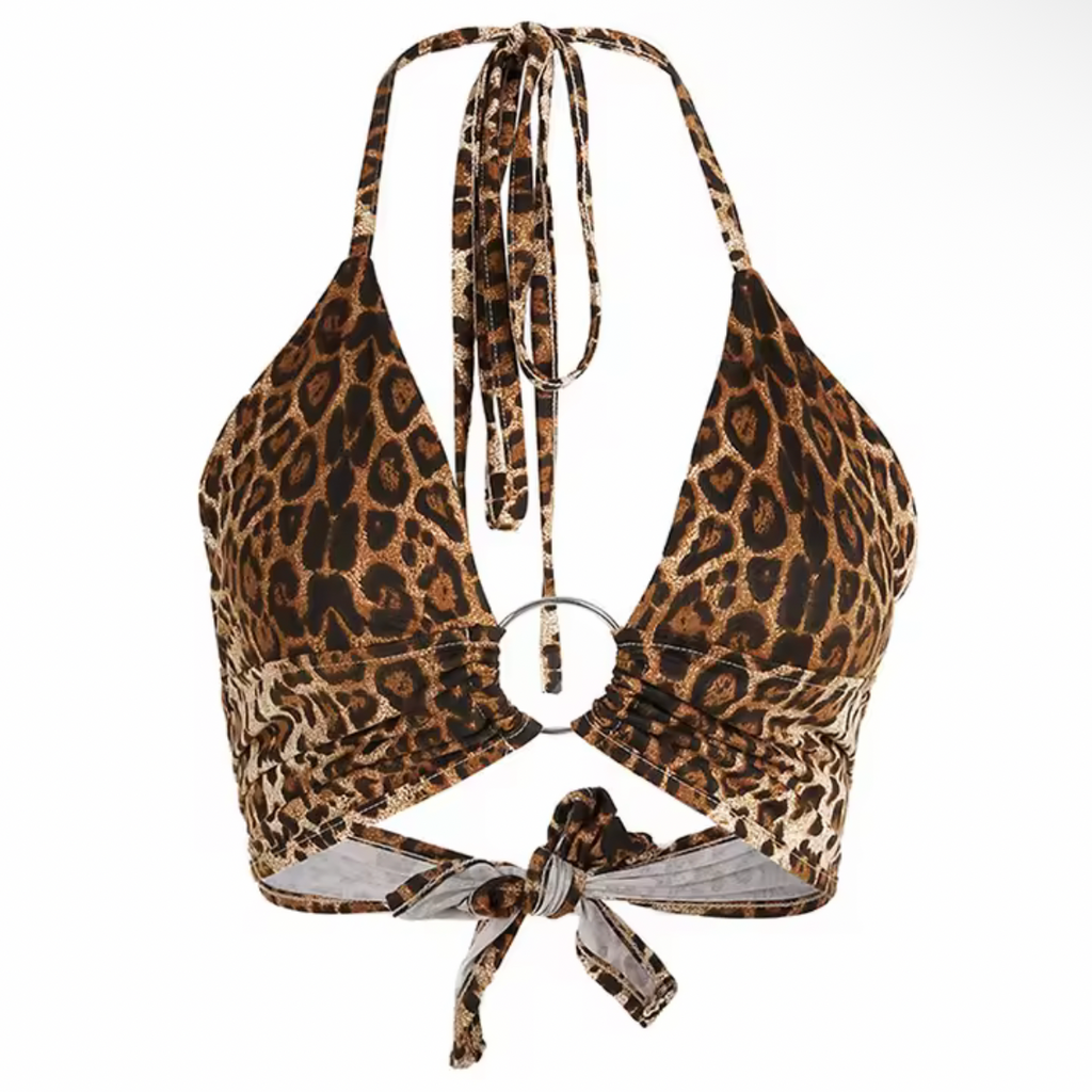 girlzhood kurzes Neckholder-Top mit Leopardenmuster, Metallring-Detail und Bindebändern am Rücken