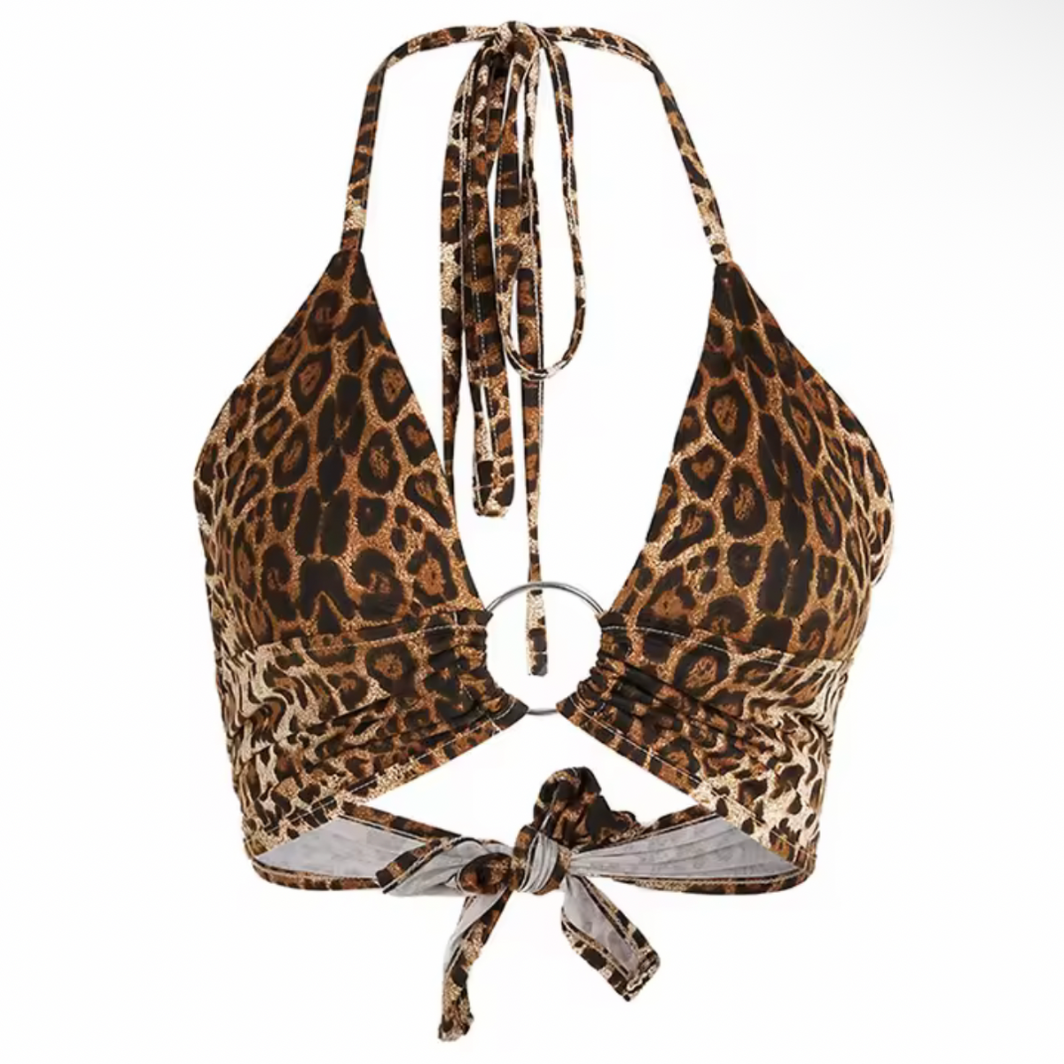 girlzhood kurzes Neckholder-Top mit Leopardenmuster, Metallring-Detail und Bindebändern am Rücken