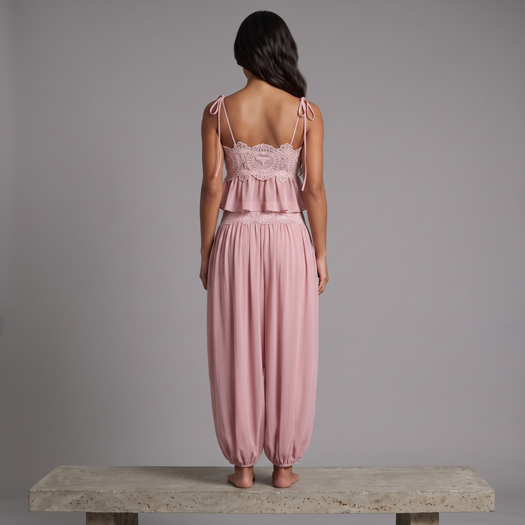 girlzhood Lilac Muse Zweiteiler in Flieder mit Spitzendetails am Top und Rock in Rückenansicht