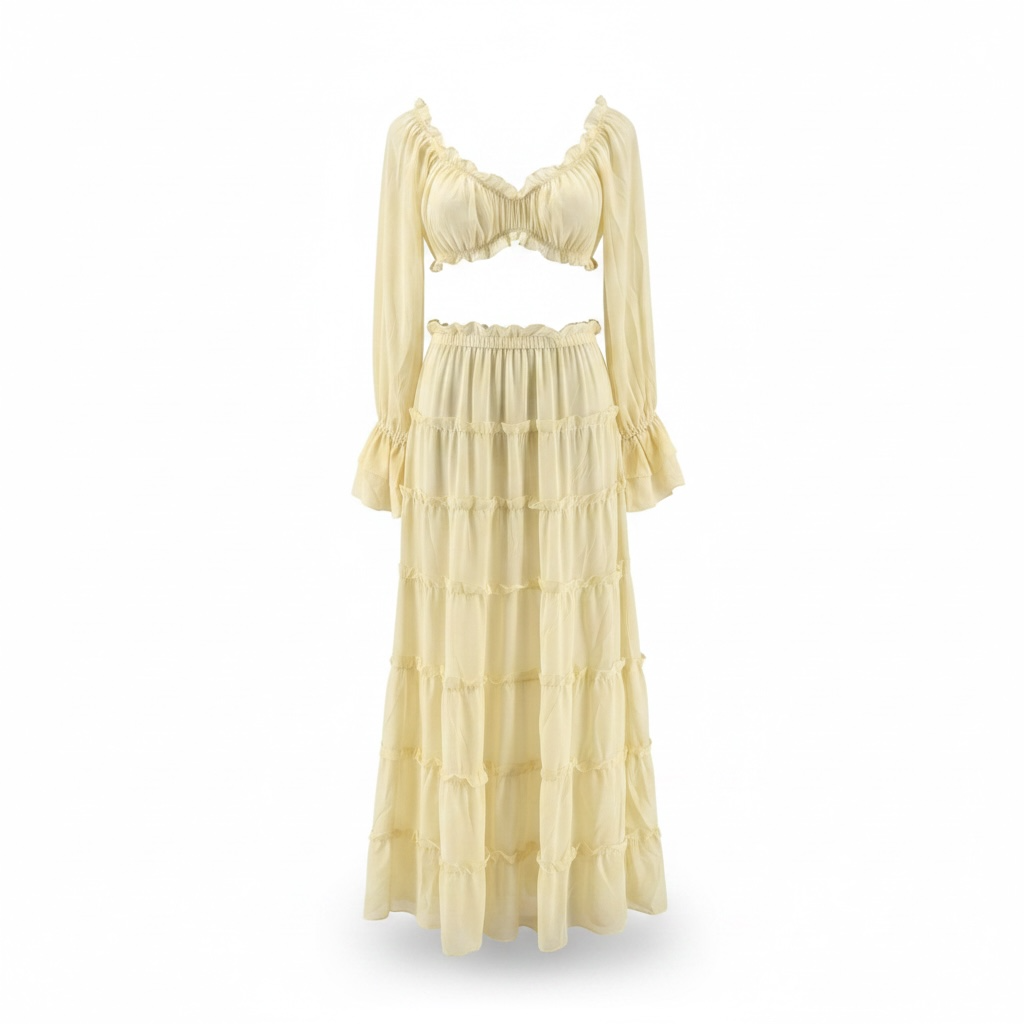 girlzhood Limoncella Muse Set: buttergelbes 2-teiliges Chiffon-Outfit mit Off-Shoulder Crop Top und mehrlagigem Rock.