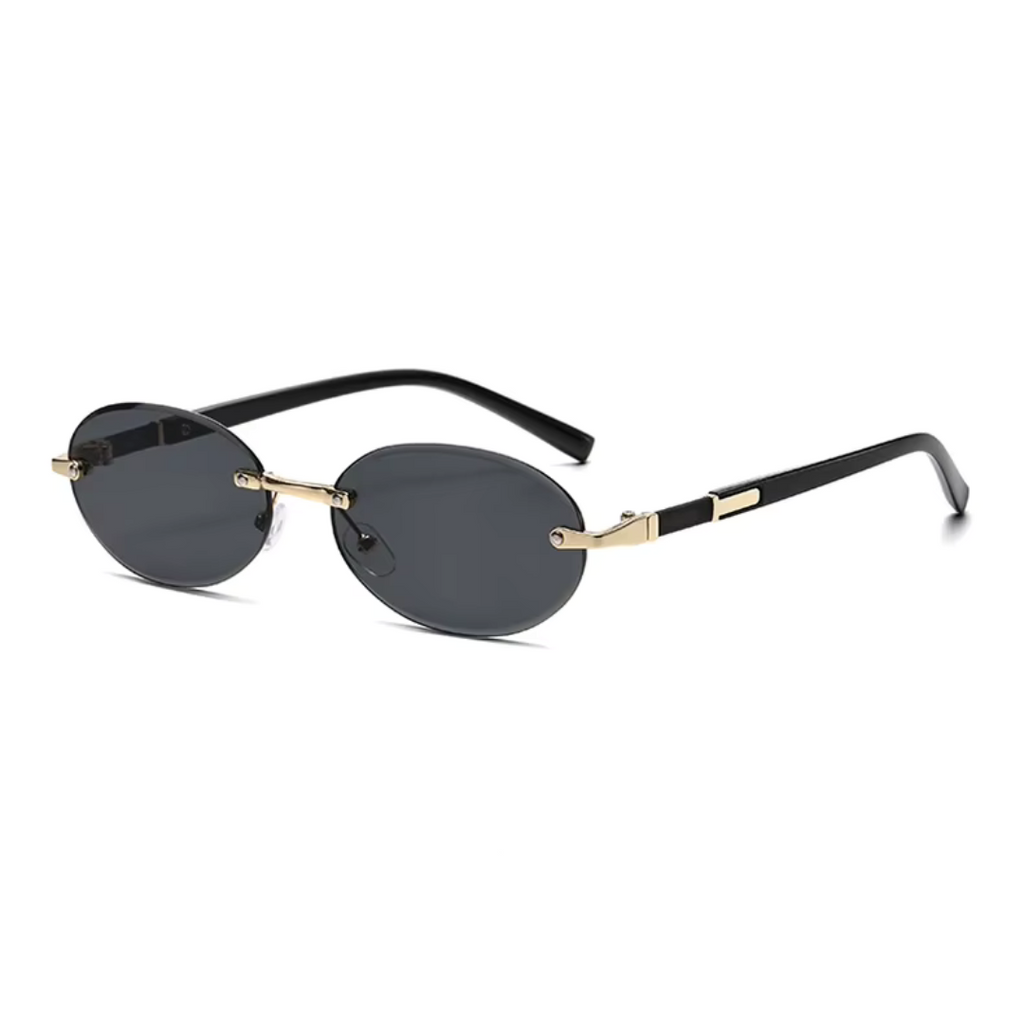 girlzhood Liviara Sonnenbrille mit ovalen, rahmenlosen Gläsern in Schwarz und goldenen Bügeldetails