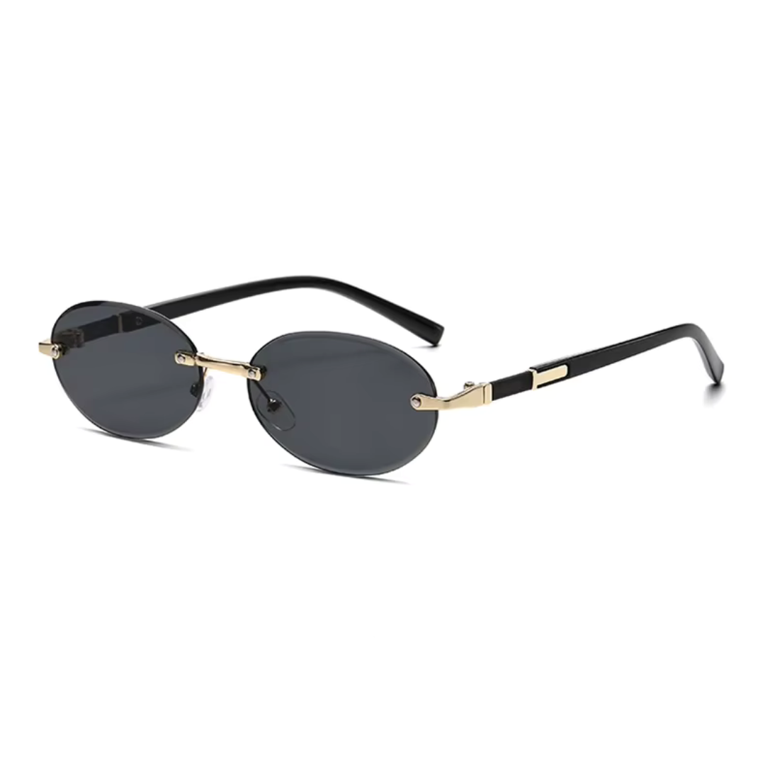 girlzhood Liviara Sonnenbrille mit ovalen, rahmenlosen Gläsern in Schwarz und goldenen Bügeldetails