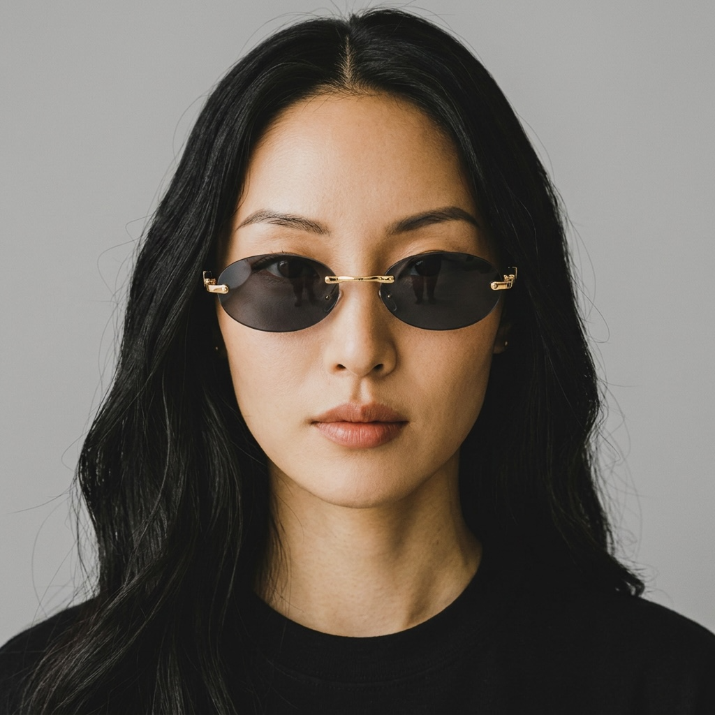 girlzhood Liviara Sonnenbrille mit ovalen, rahmenlosen Gläsern in Schwarz und goldenen Bügeln an einer jungen Frau