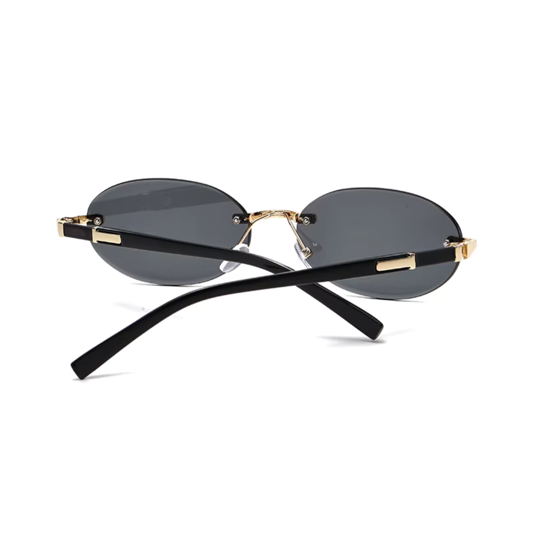 girlzhood Liviara Sonnenbrille mit ovalen, rahmenlosen schwarzen Gläsern und goldenen Bügeldetails