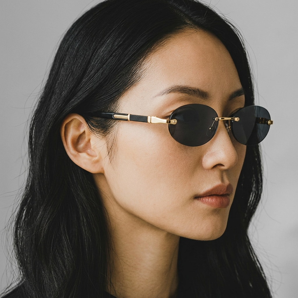 girlzhood Liviara Sonnenbrille mit ovalen, schwarzen Gläsern und goldenen Details getragen von einer Frau