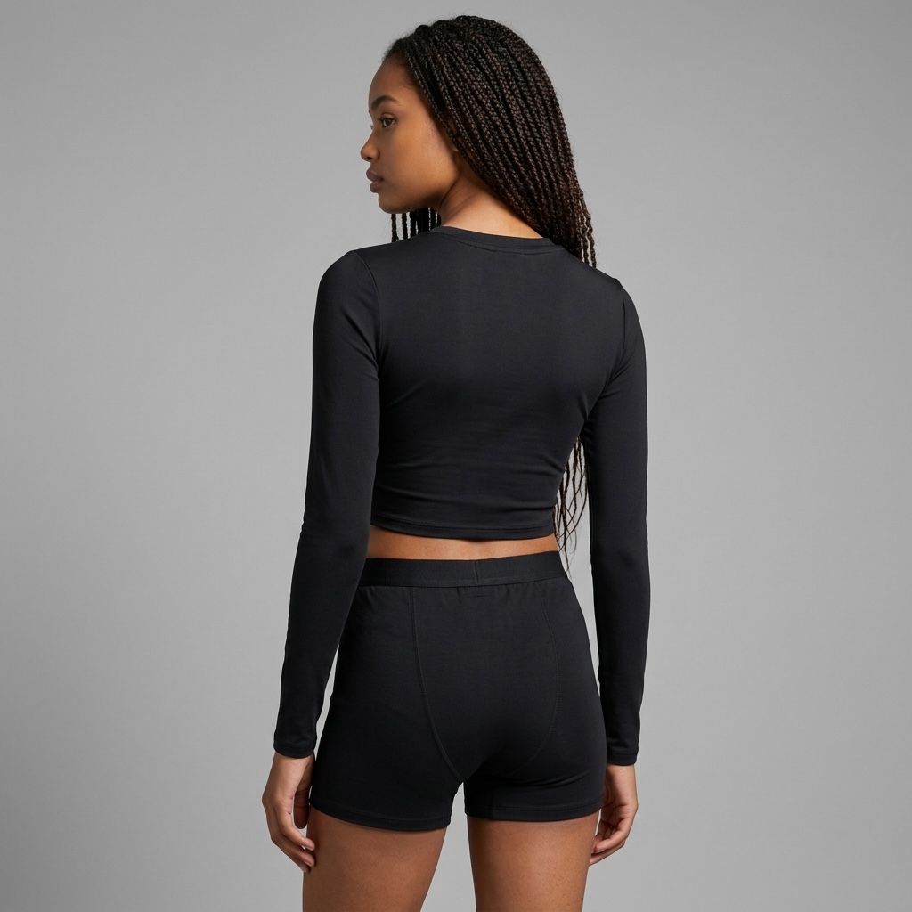 Rückansicht des girlzhood Longsleeve Duo Olivienne Sets in Schwarz mit engem Cropped-Oberteil und passenden Shorts.