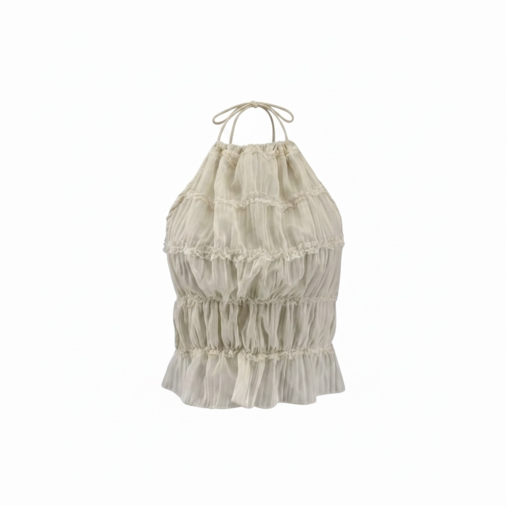 girlzhood Lunavia Halterneck-Top in Creme mit Rüschen-Details und semitransparenter Optik im Boho-Stil