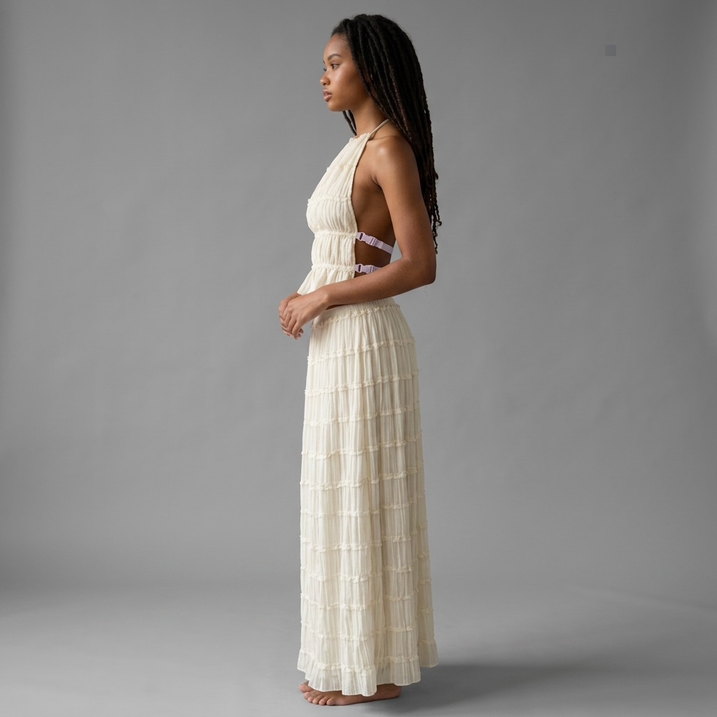 Model trägt girlzhood Two-Piece Lunavia Set in Creme mit Halterneck-Top und fließendem Maxirock im Boho-Stil