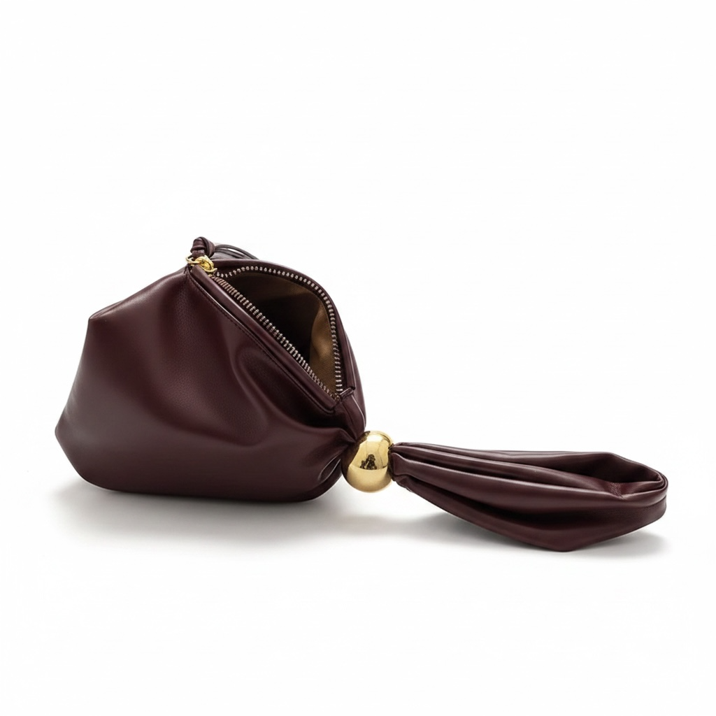 girlzhood Luxe Knot Clutch in Burgundy aus weichem PU-Leder mit goldenem Kugelverschluss und gerafftem Design
