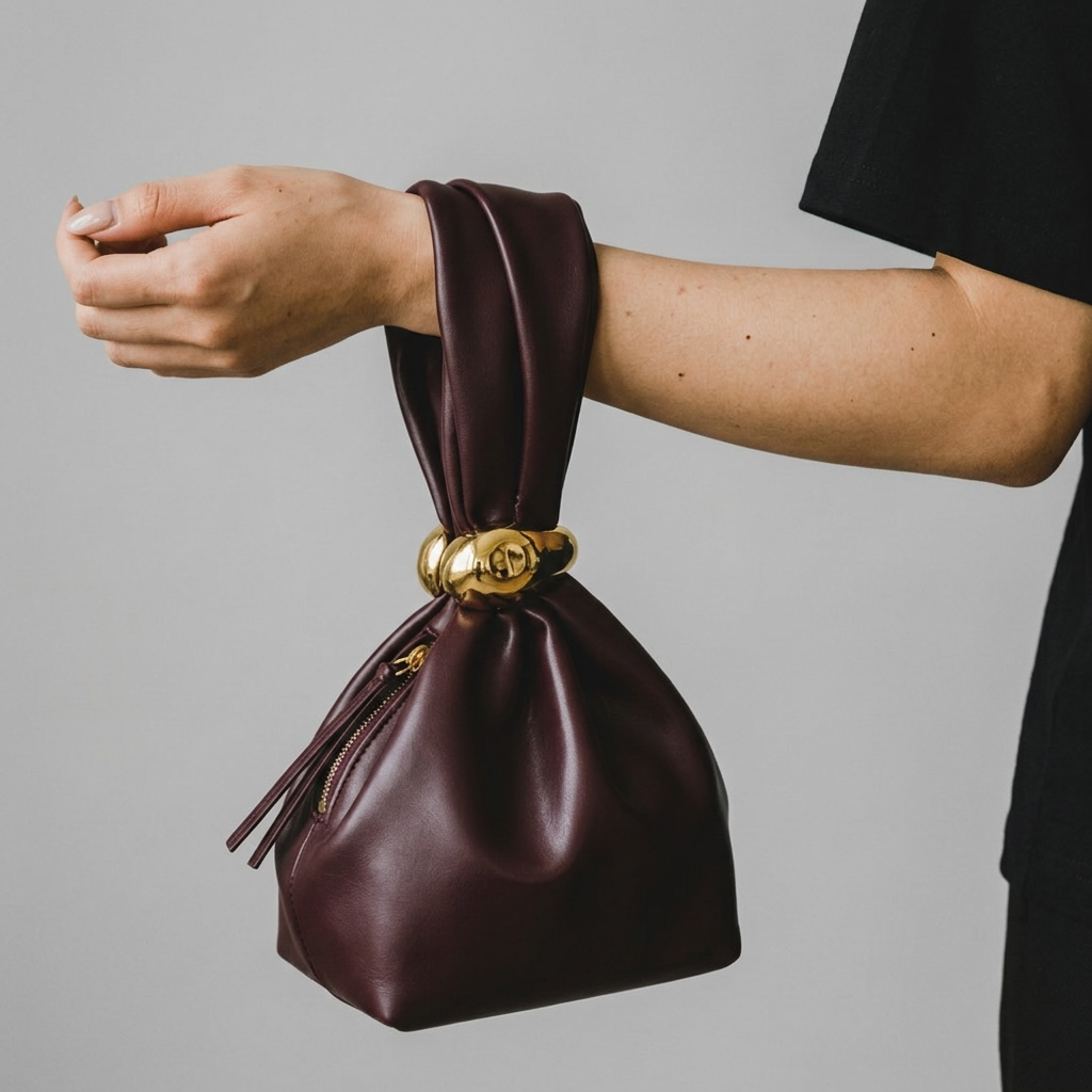 girlzhood Luxe Knot Clutch in Burgundy aus weichem PU-Leder mit goldenem Knoten-Detail am Handgelenk getragen