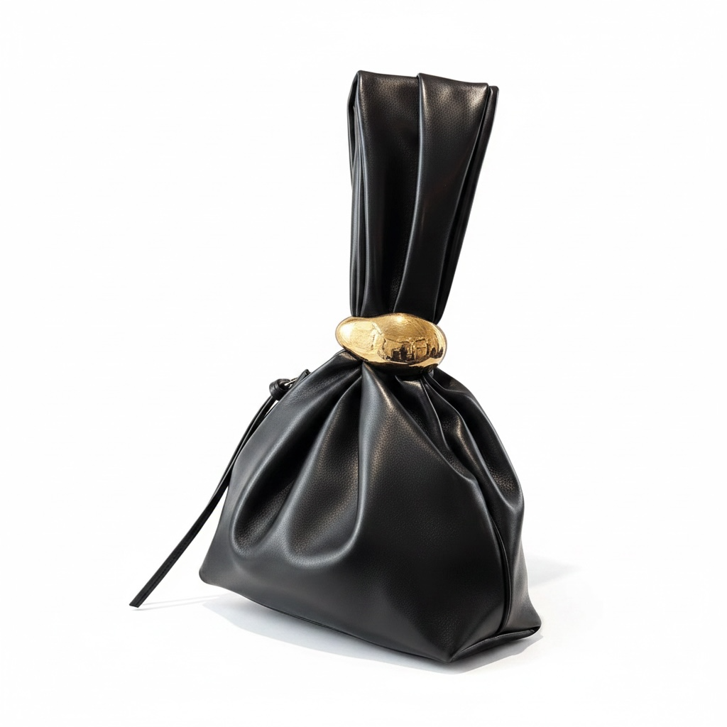 Schwarze girlzhood Luxe Knot Clutch aus PU-Leder mit gerafftem Design und elegantem goldenen Verschluss