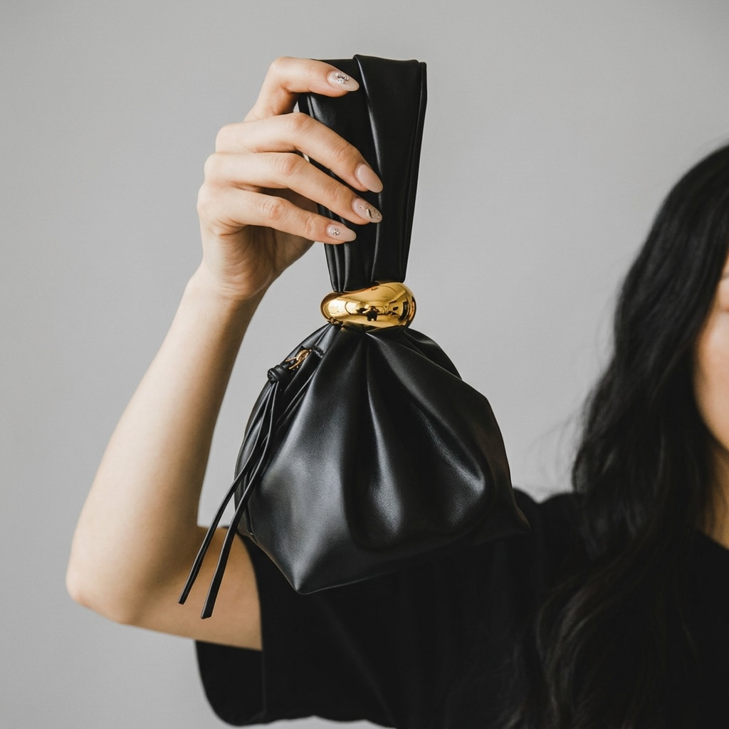 girlzhood Luxe Knot Clutch in Schwarz aus weichem PU-Leder mit goldenem Verschluss, in der Hand gehalten