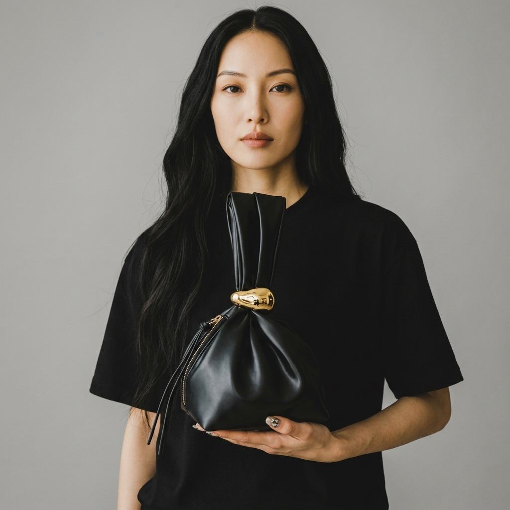 girlzhood Luxe Knot Clutch in Schwarz aus PU-Leder mit goldenem Verschluss, gehalten von einer Frau