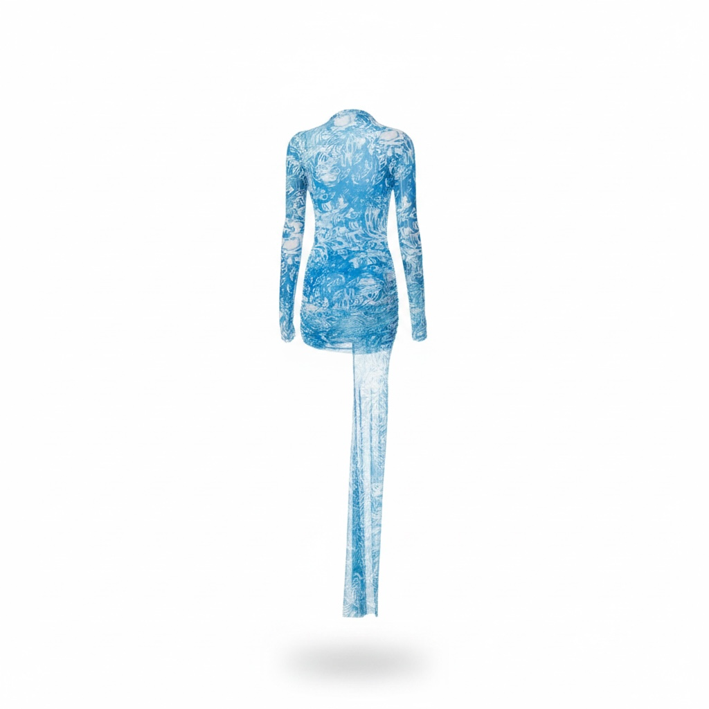 girlzhood Malibu Siren Minikleid mit blauem Ozean-Muster, langen Ärmeln und asymmetrischem Saum aus Stretch-Material
