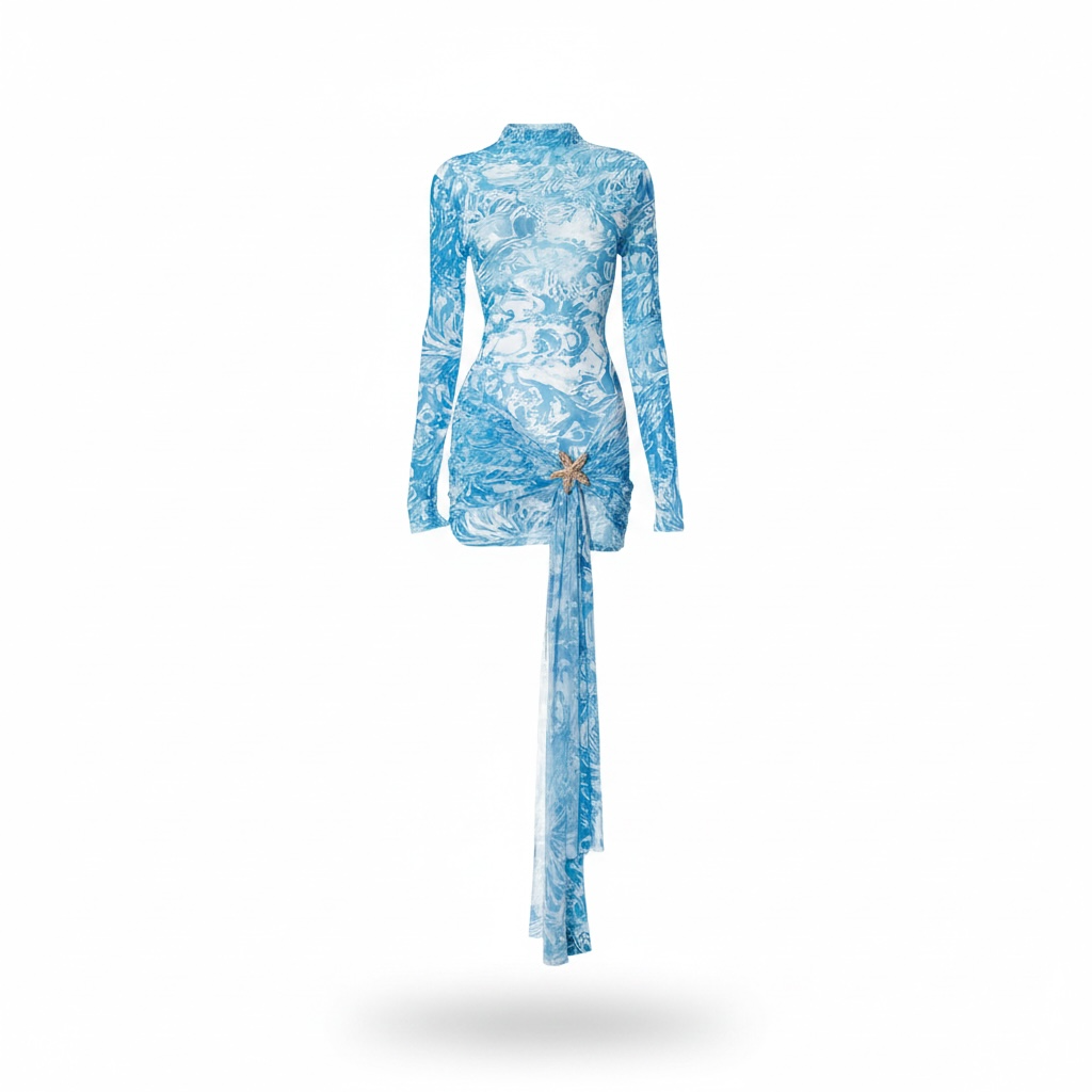girlzhood Malibu Siren Minikleid mit blauem Ozean-Print, langen Ärmeln, Drapierung und goldenem Seestern-Detail.