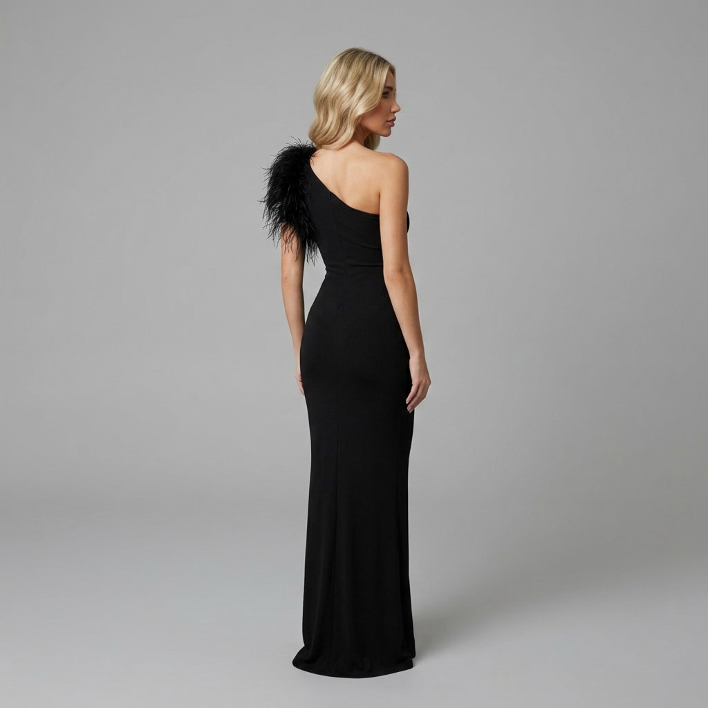 girlzhood Maxikleid Perlina in Schwarz mit One-Shoulder-Design und Federbesatz an der Schulter, figurbetont