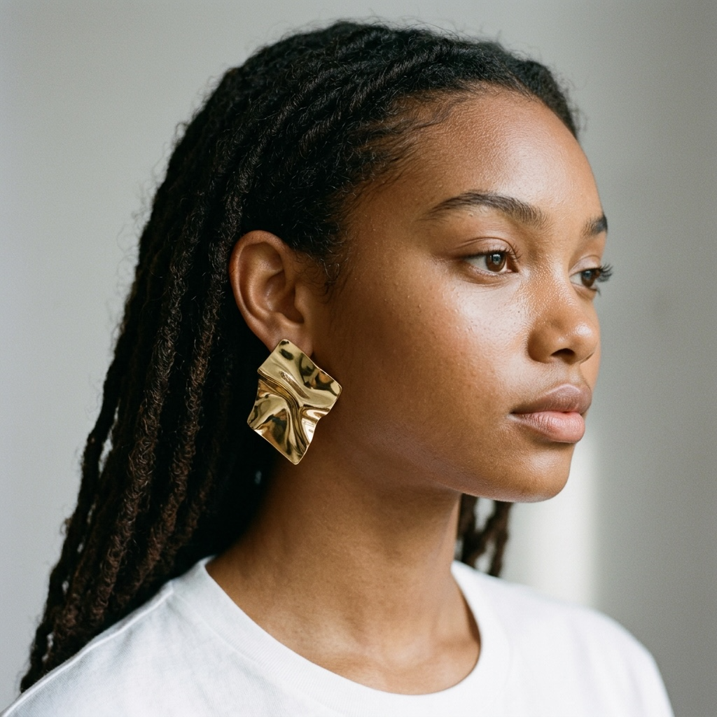 girlzhood Metal Muse Ohrring in Gold mit asymmetrischem Knitter-Look an einer Frau mit langen Dreadlocks