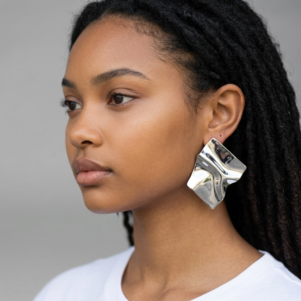 girlzhood Metal Muse Ohrring in Silber mit asymmetrischem Knitter-Design getragen von einem Model