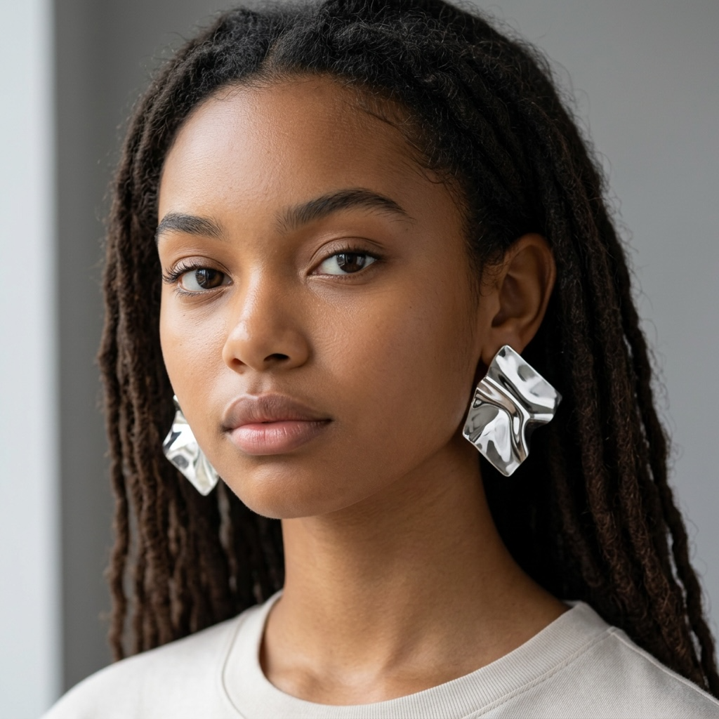 girlzhood Metal Muse Ohrringe in Silber mit asymmetrischem Plissee-Design an einer Frau mit Dreadlocks