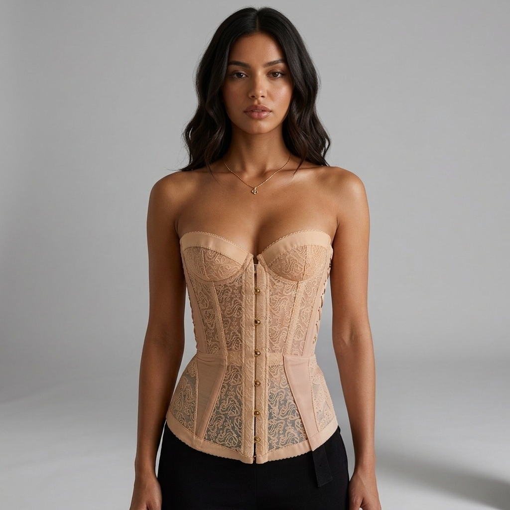 girlzhood Midnight Desire Korsett-Top in Beige mit Spitze, Satin-Details und goldenen Knöpfen an einem Model