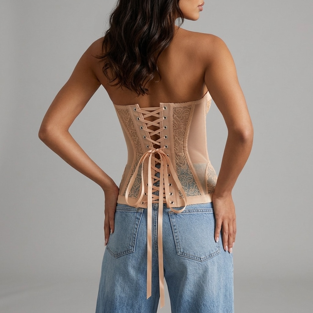 girlzhood Midnight Desire Korsett-Top in Beige mit Rückenschnürung, Spitze und Satin-Details an einer Frau