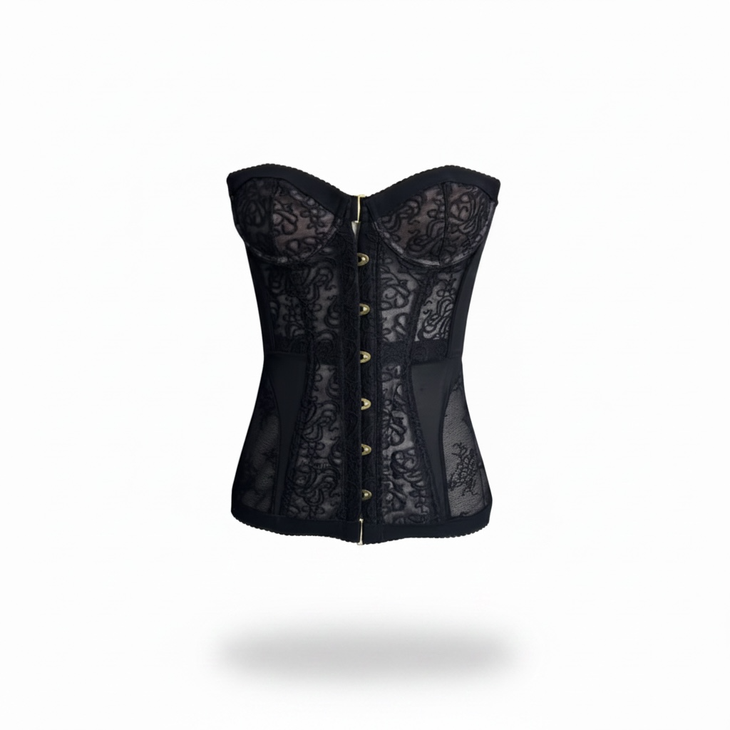 girlzhood Midnight Desire Korsett-Top in Schwarz mit transparenter Spitze, Satin-Details und goldenen Knöpfen