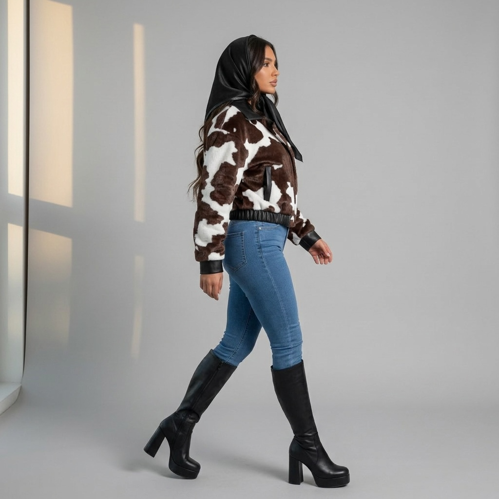 girlzhood Midnight Rodeo Jacke aus braun-weißem Fellimitat mit Lederdetails und Reißverschlüssen im Oversized-Schnitt