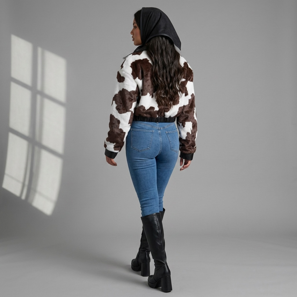 girlzhood Midnight Rodeo Jacke aus braun-weißem Fellimitat mit Kuhfleckenmuster, Oversized-Schnitt und Lederdetails