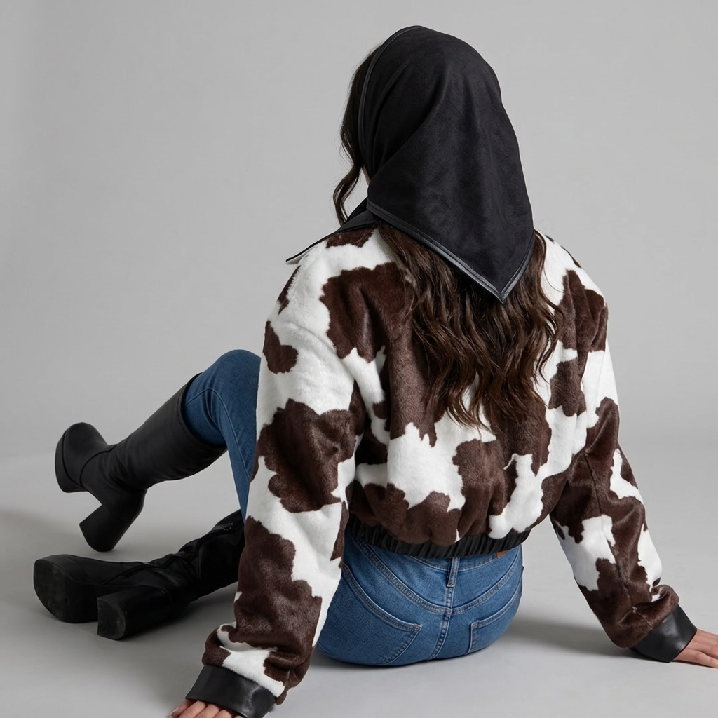 girlzhood Midnight Rodeo Jacke aus braun-weißem Fellimitat mit Kuhfleckenmuster, Oversized-Schnitt und Lederdetails