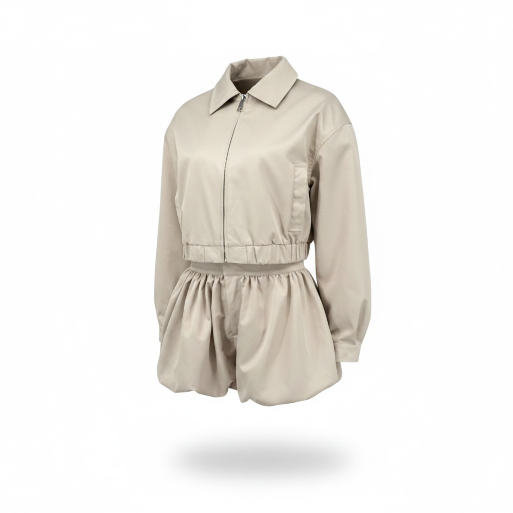 girlzhood Milano Cartel Set in Creme-Beige mit Cropped Jacke und voluminösen Balloon Shorts im Street-Luxury-Stil