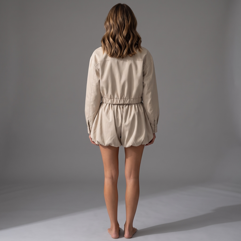 girlzhood Milano Cartel Set in Creme-Beige mit Cropped Jacke und Balloon Shorts, Rückansicht an einem Model