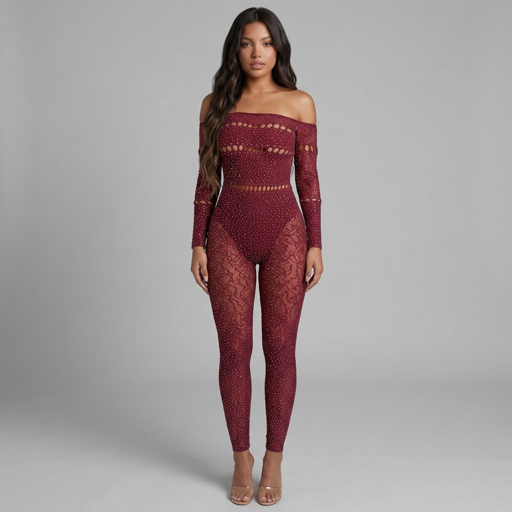 Model trägt girlzhood Miravyn One-Shoulder Jumpsuit in Dunkelrot mit Glitzer, Cut-Outs und transparentem Mesh-Design.