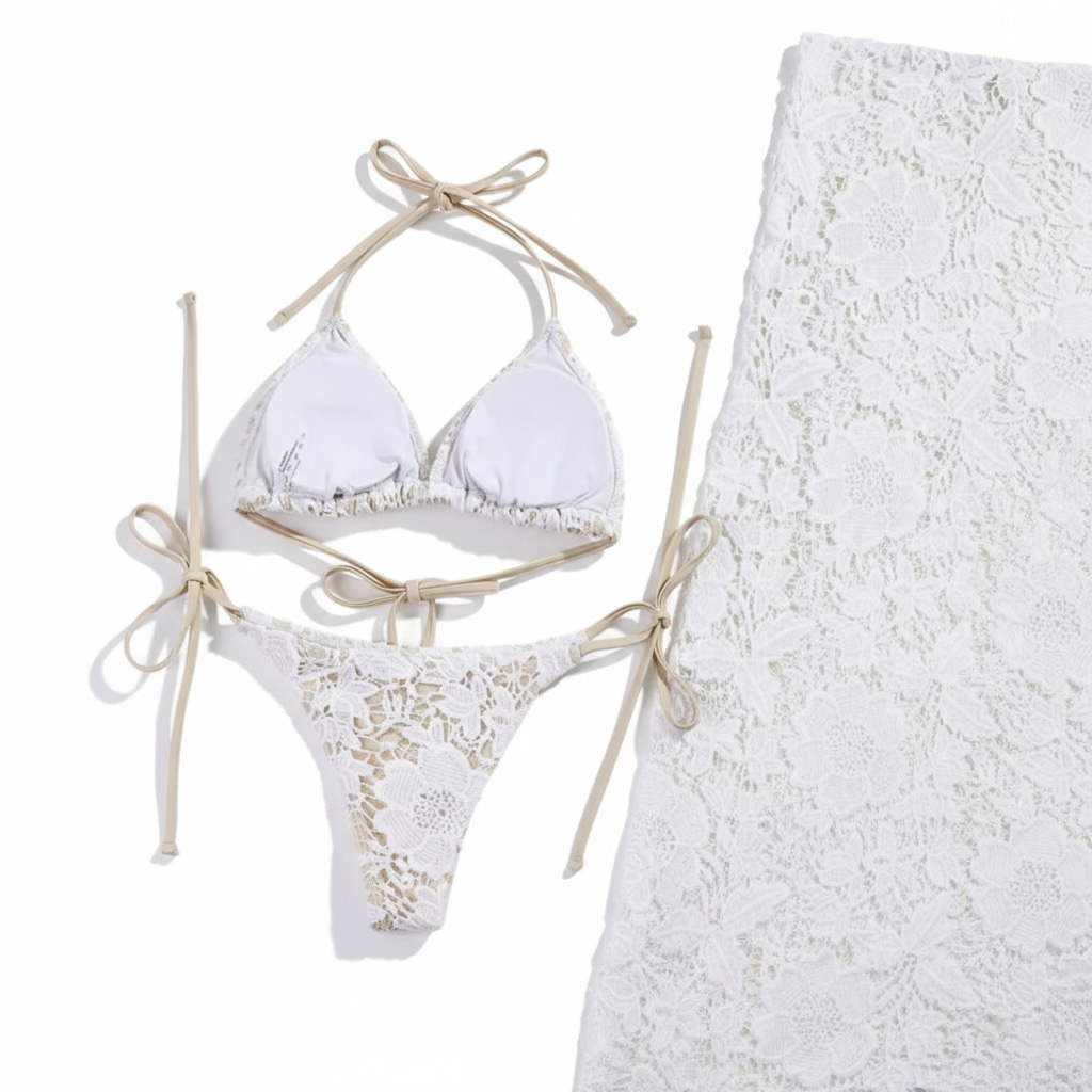 girlzhood Monaco Siren 3-teiliges Beachwear Set in Weiß mit floralem Spitzen-Bikini und transparentem Maxirock