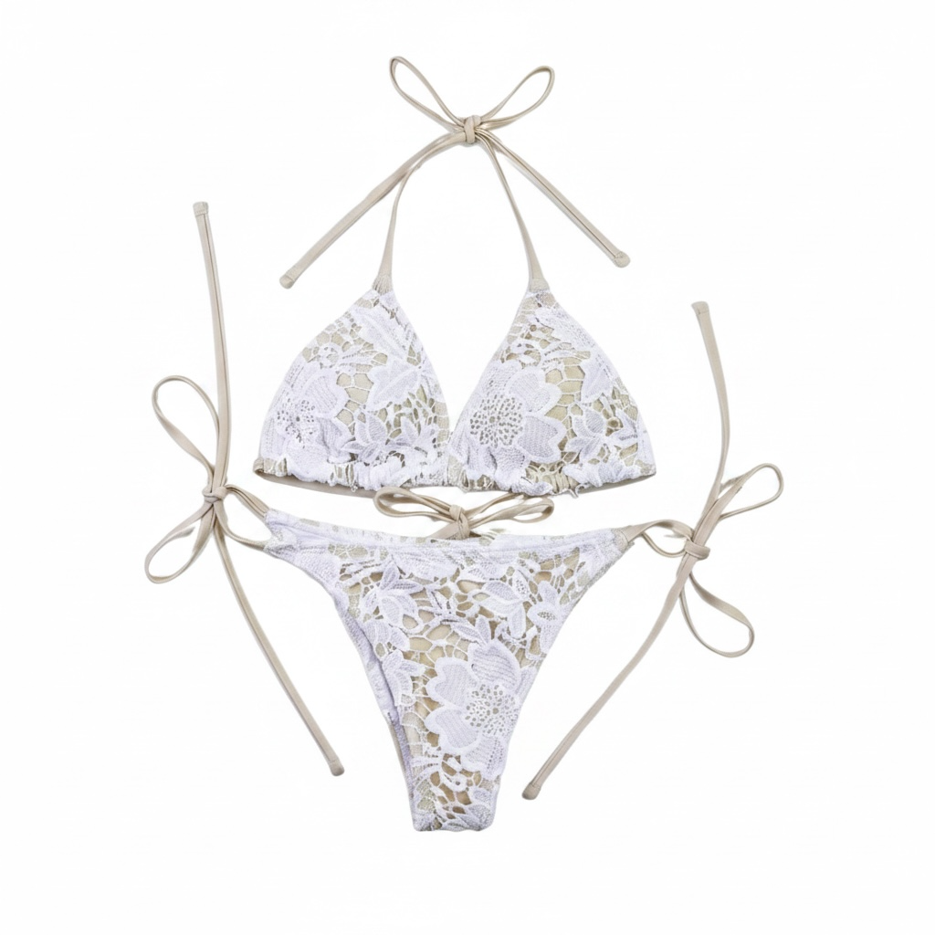 girlzhood Monaco Siren Bikini-Set in Beige mit floraler Spitze, Push-Up Oberteil und seitlich gebundenem Slip
