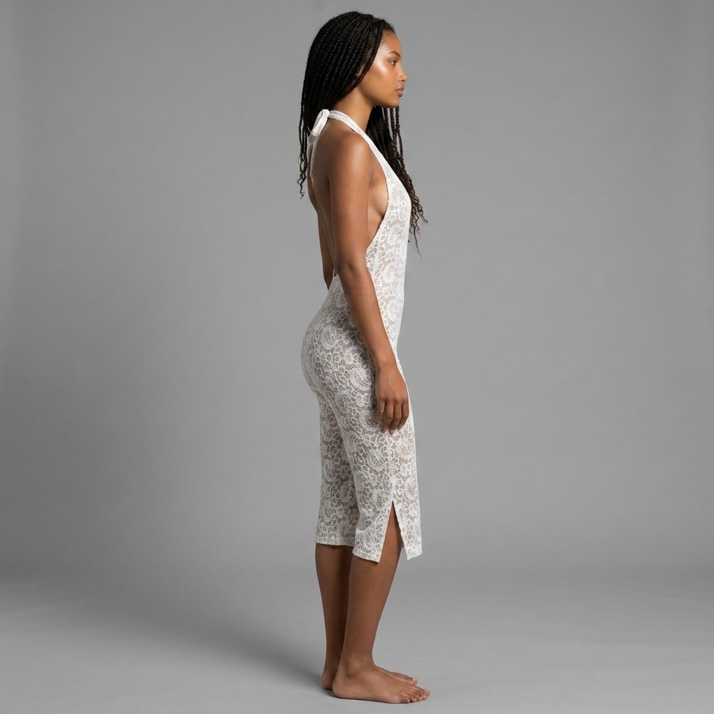 girlzhood Muse Heat Jumpsuit in Weiß aus luxuriöser Spitze mit Neckholder-Ausschnitt und offenem Rücken