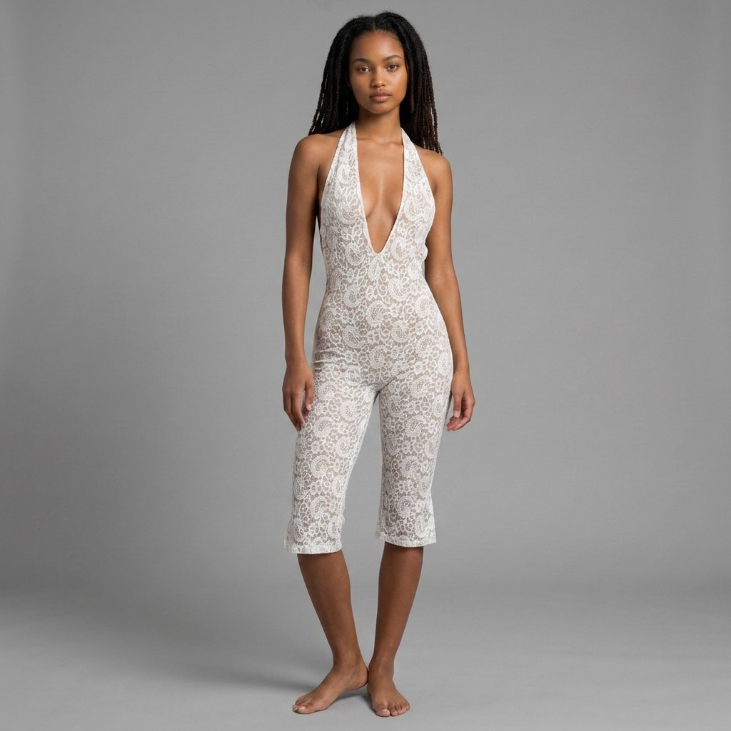 girlzhood Muse Heat Jumpsuit in Weiß aus luxuriöser Spitze mit tiefem Neckholder-Ausschnitt und Capri-Schnitt