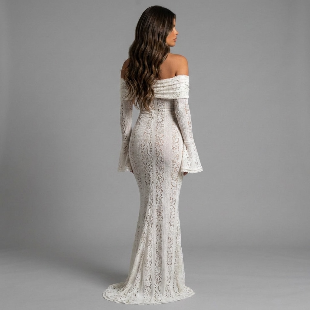 girlzhood Nerissia Maxi-Kleid in Weiß mit Off-Shoulder-Design, langen ausgestellten Ärmeln und eleganter Spitze