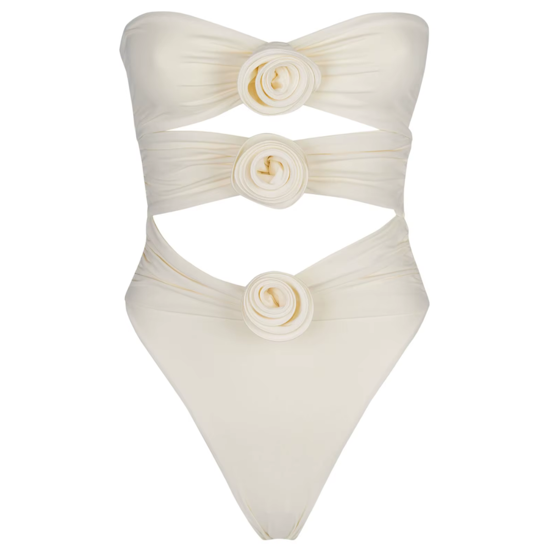 girlzhood Noctura One-Piece Badeanzug in Creme mit Cut-Outs und drei dekorativen 3D-Rosen aus elastischem Spandex