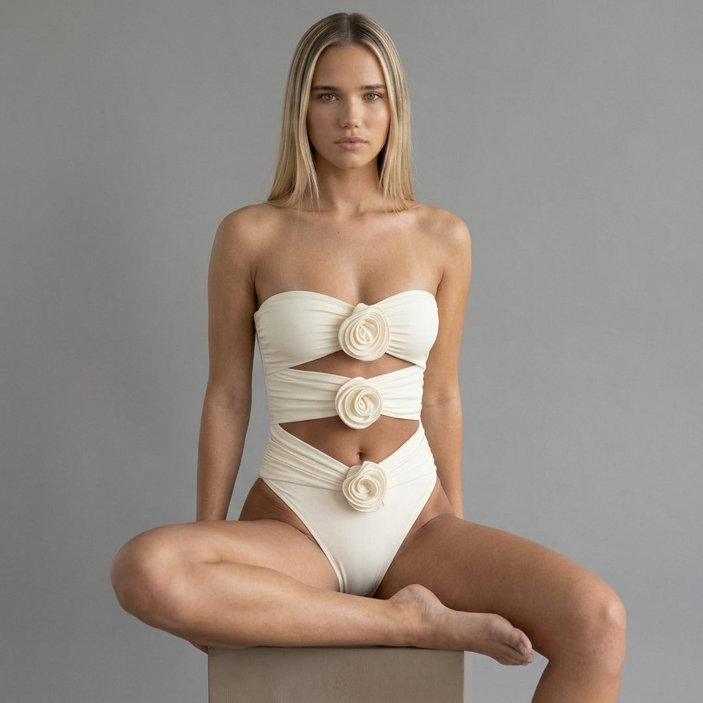 girlzhood Noctura One-Piece Badeanzug in Creme mit Cut-Outs und drei 3D-Rosen an einer blonden Frau